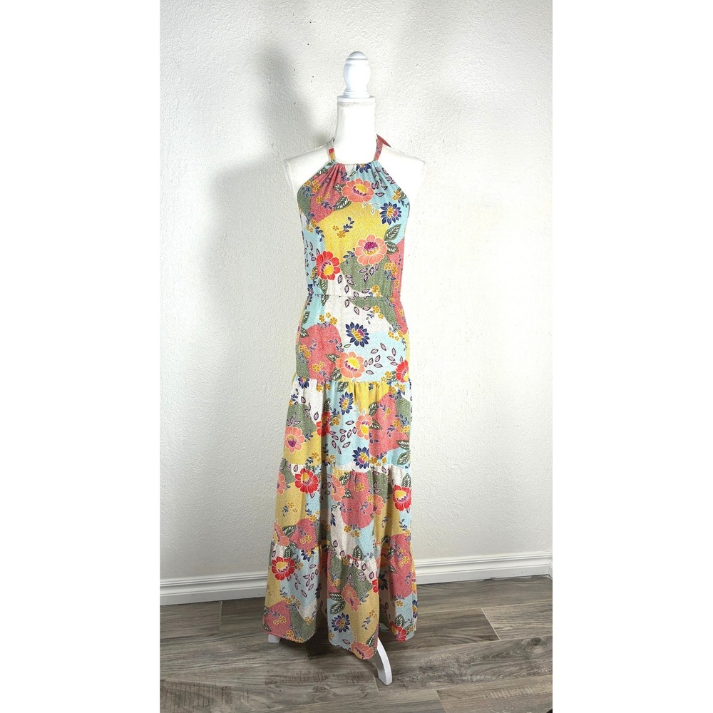 Monteau Los Angeles Floral Patchwork Halter Maxi Dress XS Multicolor Tiered Boho
